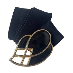 DAY-LOR Vintage 1980s Elastic Womens Belt Size Large 40" Enamel Black Gold USA